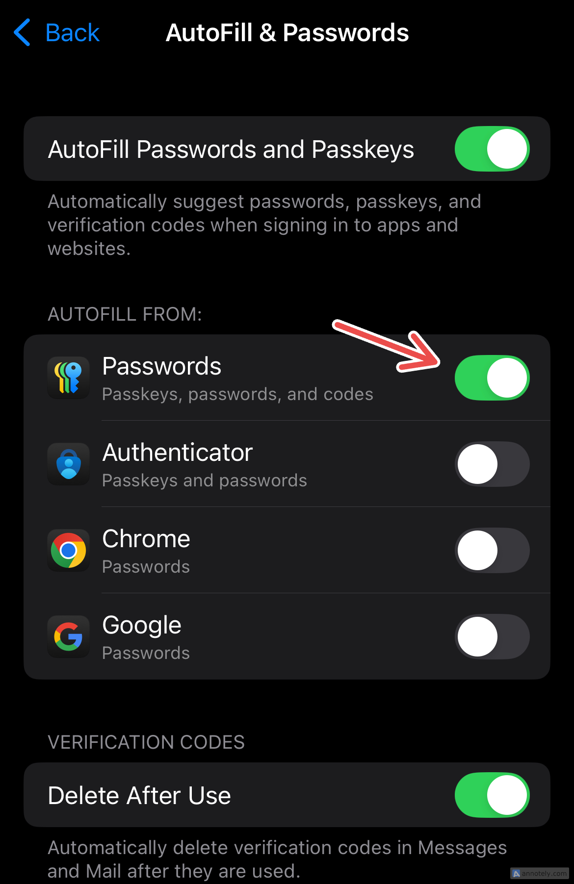 Setting up AutoFill for the Passwords app.