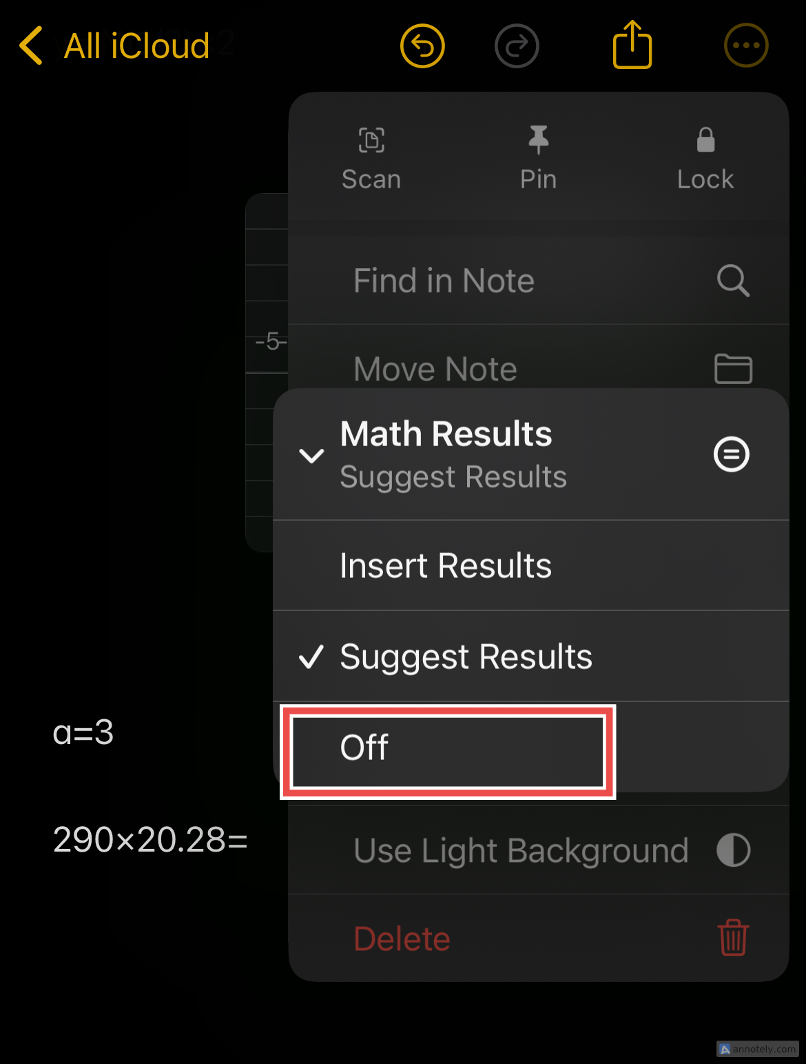 Turning off Math Notes suggest results.