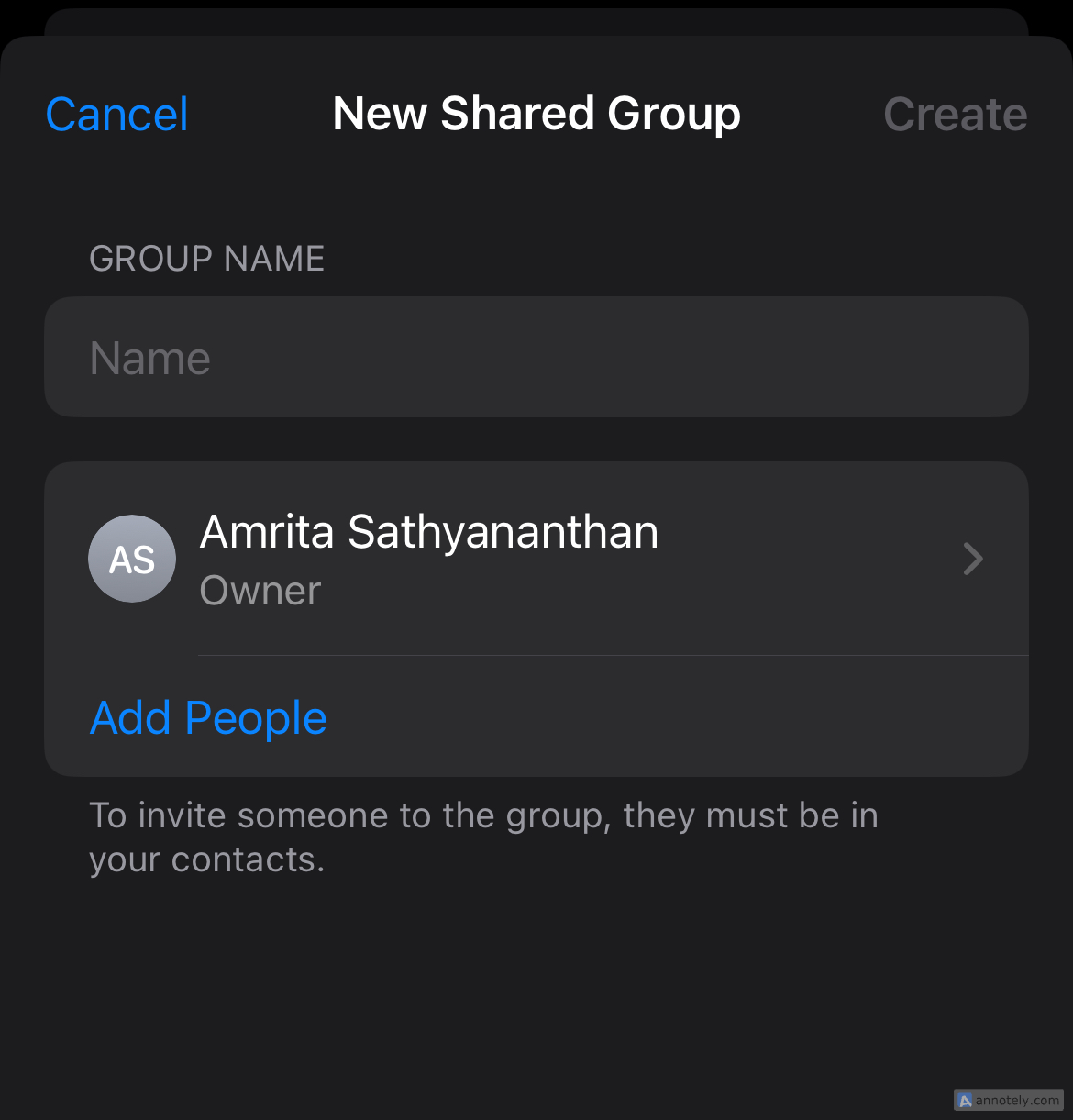 Creating a new group on the Passwords app.