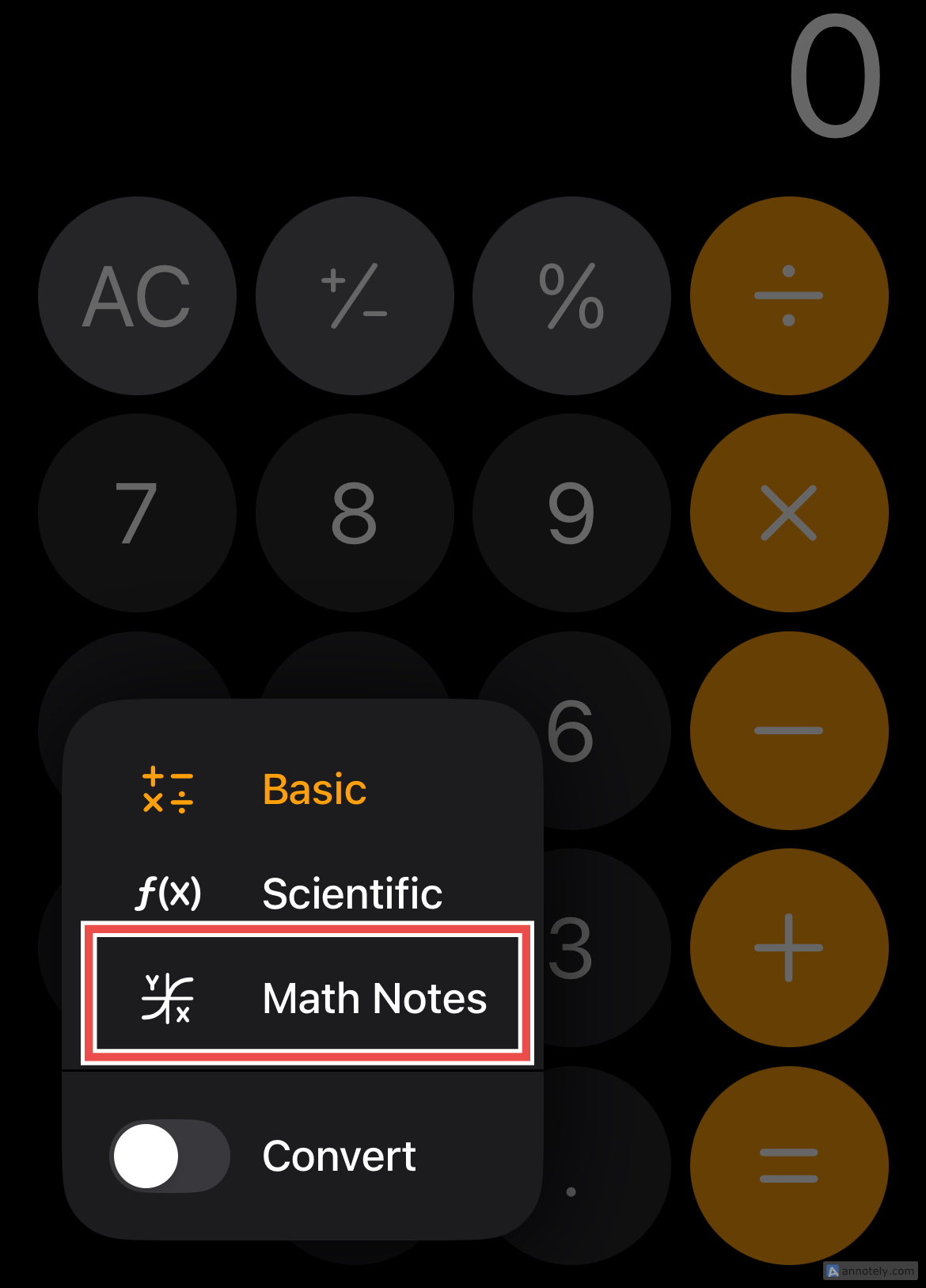 Turning on Math Notes from the Calculator app.