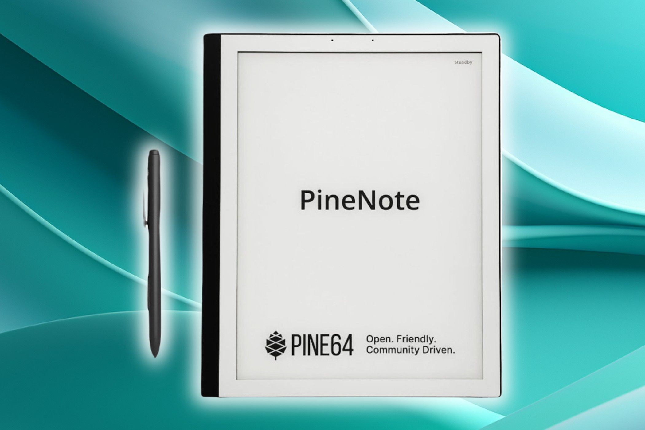 PineNote Community Edition next to an emr pen on a blue background