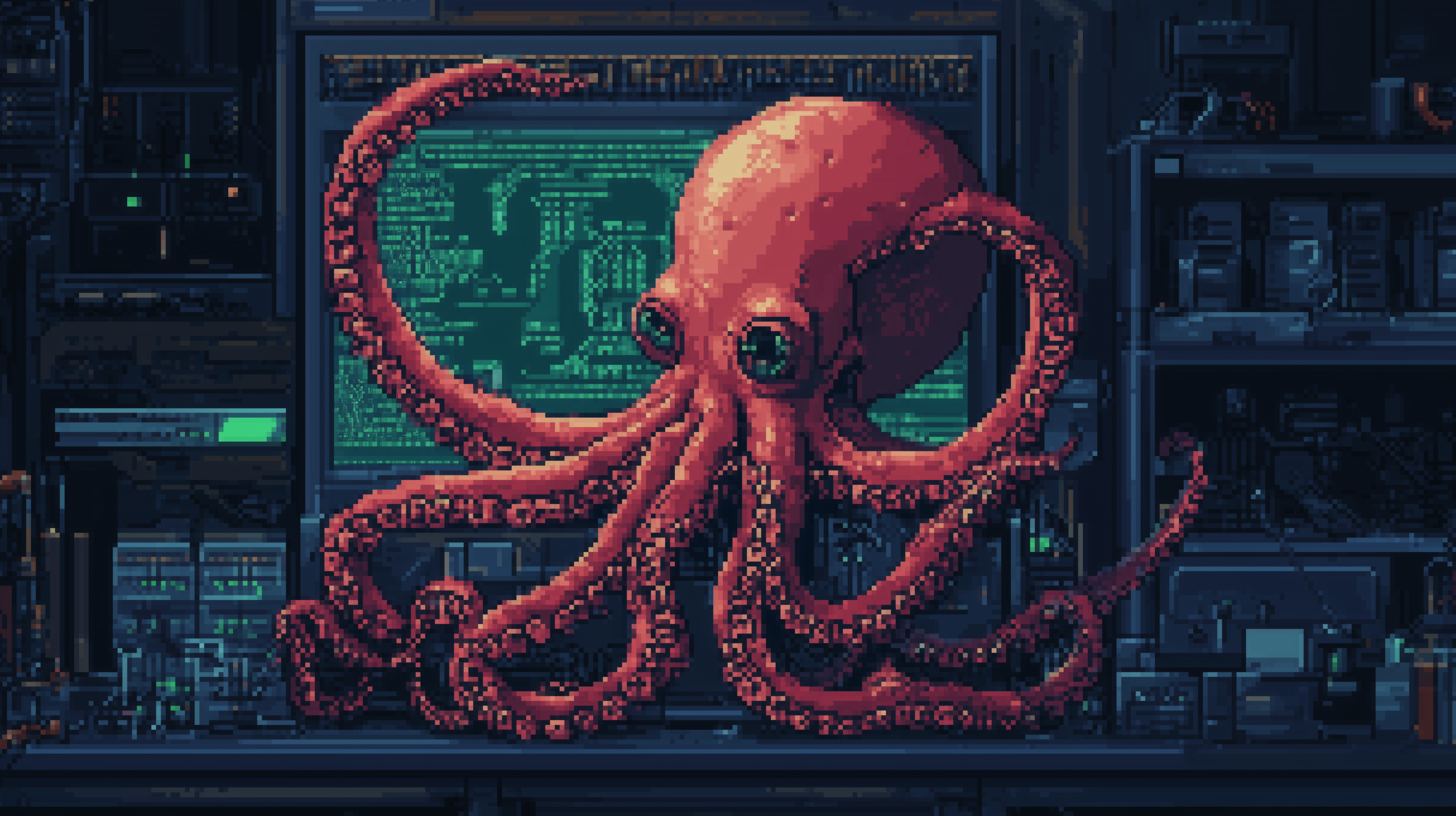 Pixel art of an octopus in front of a PC.