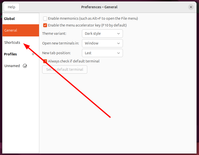 Preferences menu in the Linux terminal with the Shortcuts tab being pointed at.