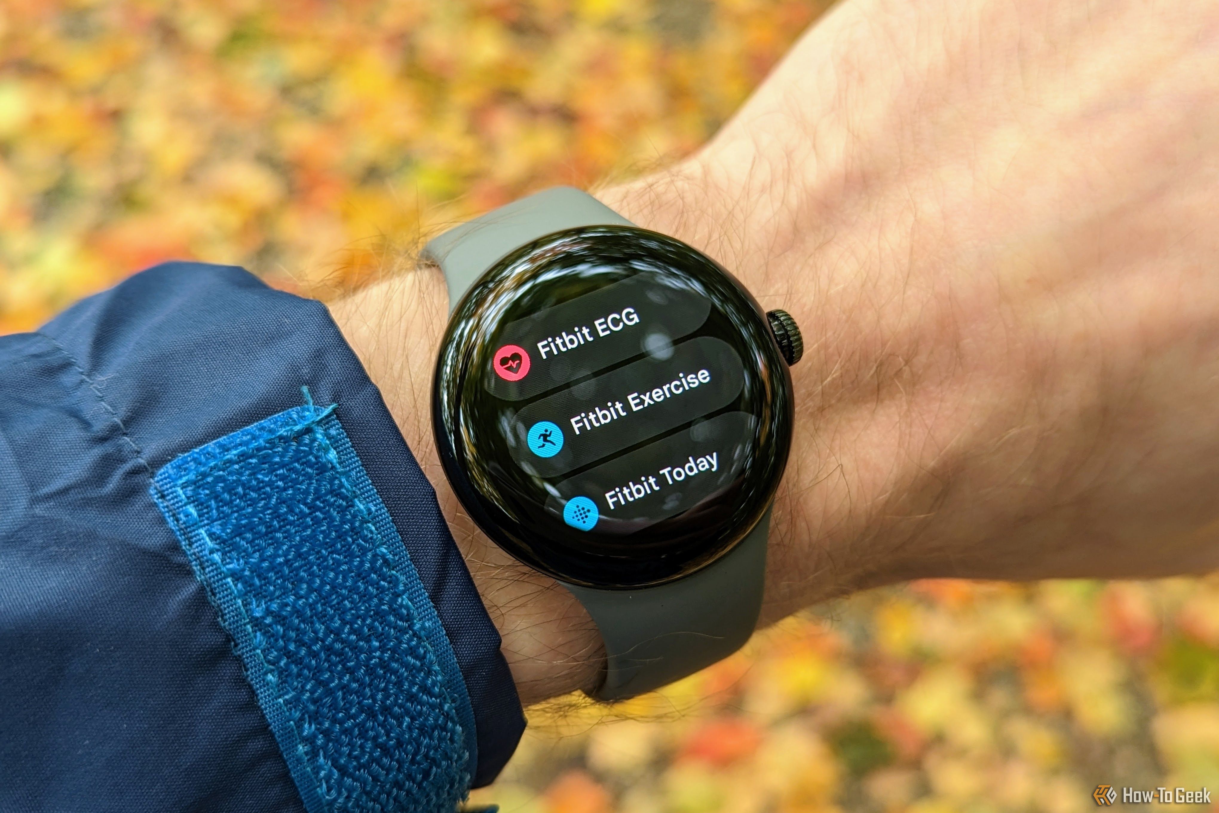 Pixel Watch 1 with Fitbit apps on screen.