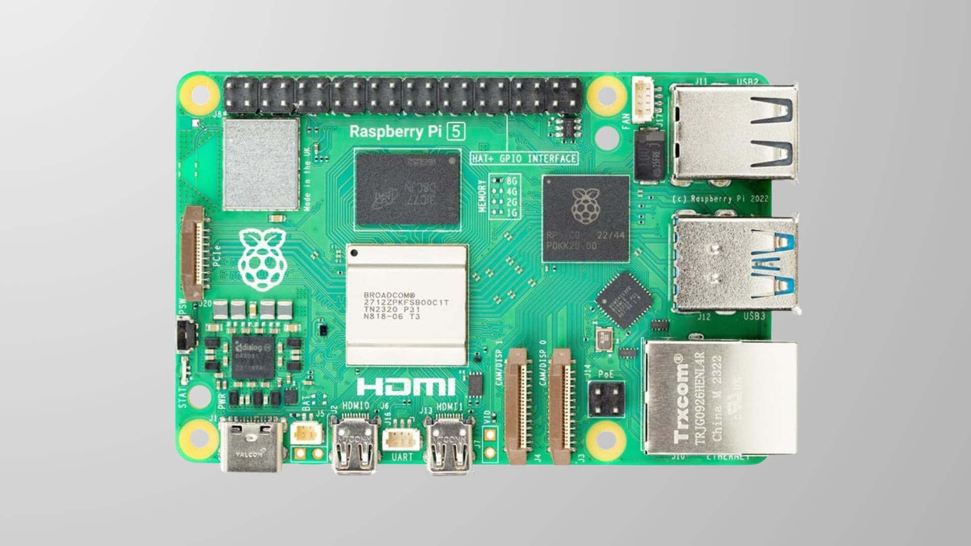 Raspberry Pi 5 Single Board against a grey background