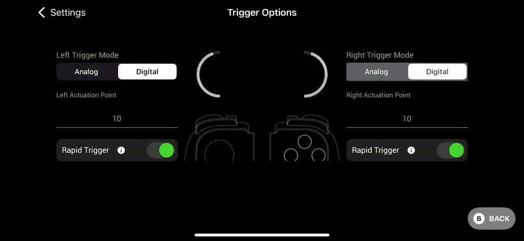 Customizing rapid triggers for a gaming controller in Razer's mobile app.