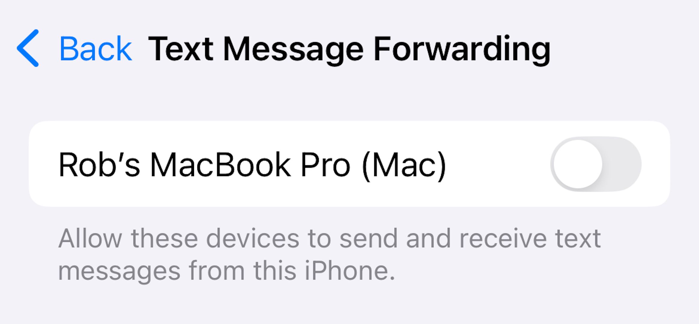 Text Message Forwarding device list displaying Apple Account devices.