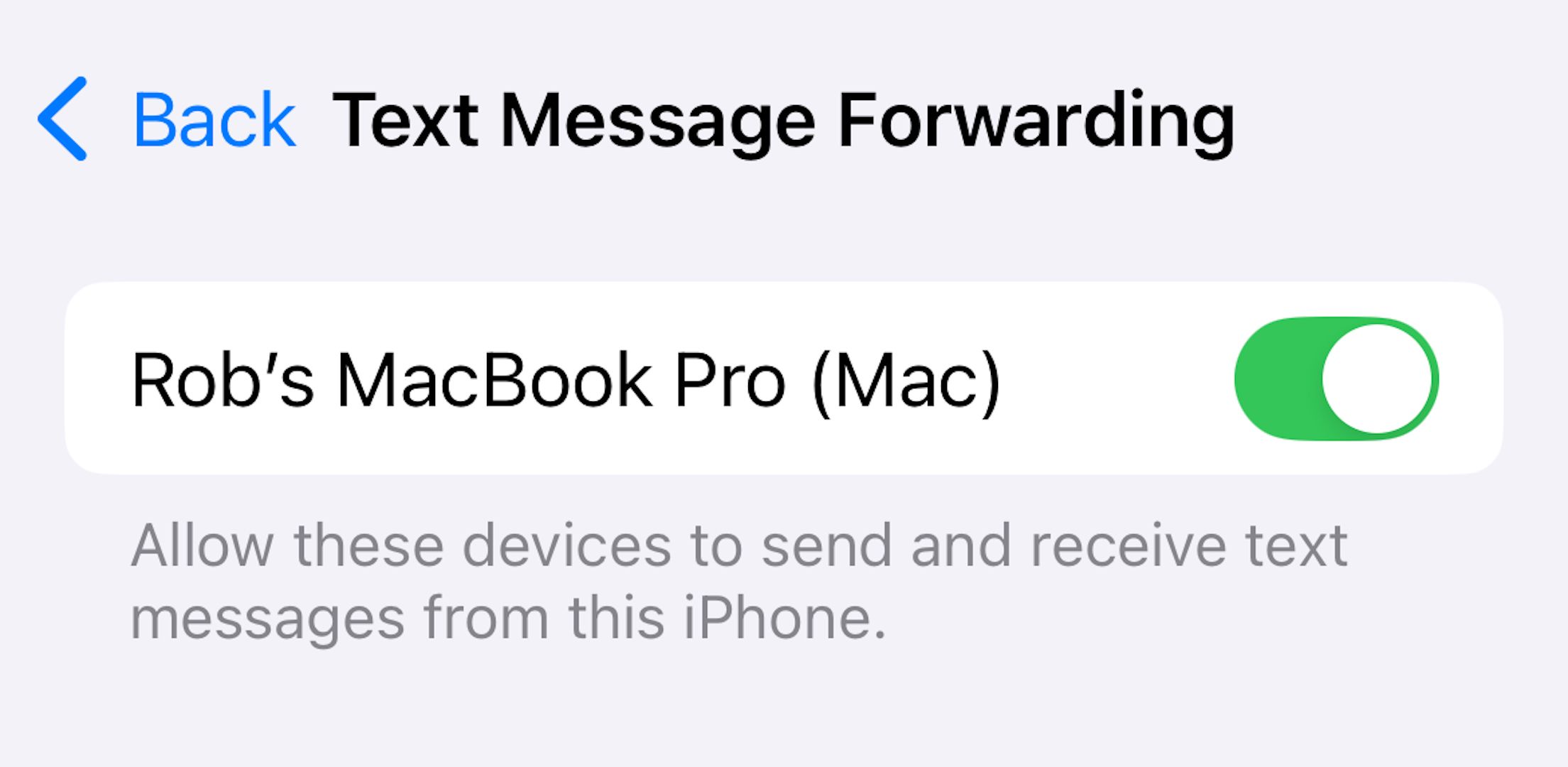 Toggling on Text Forwarding for an Apple Account connected device.