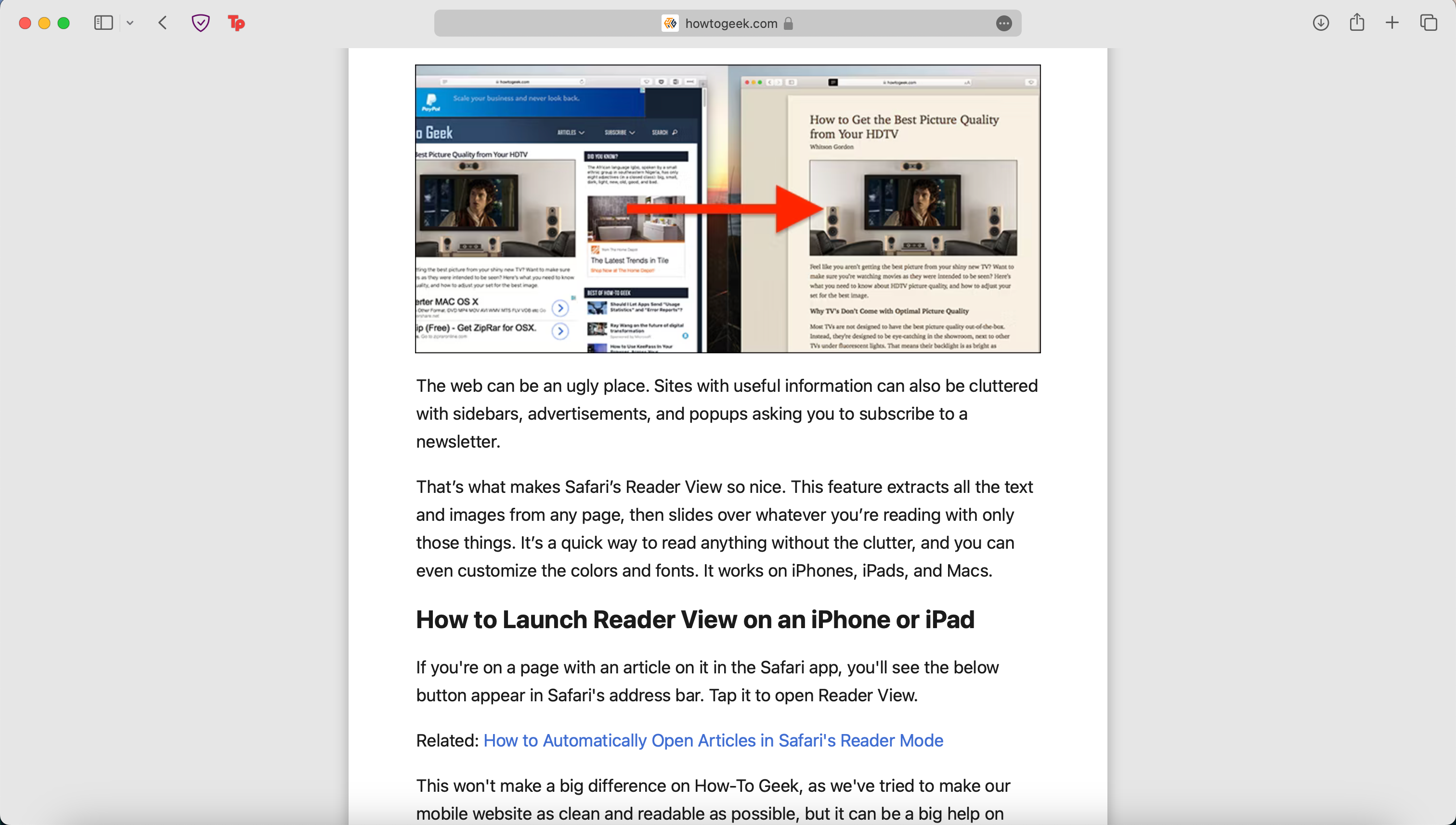 Safari's Reader View used to view a How-To Geek article.