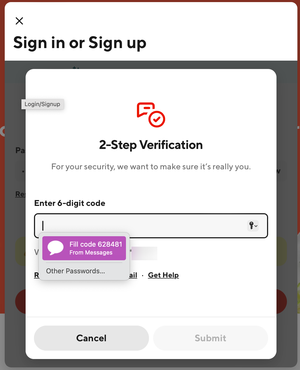 Doordash sign in with 6-digit verification code autofilled.