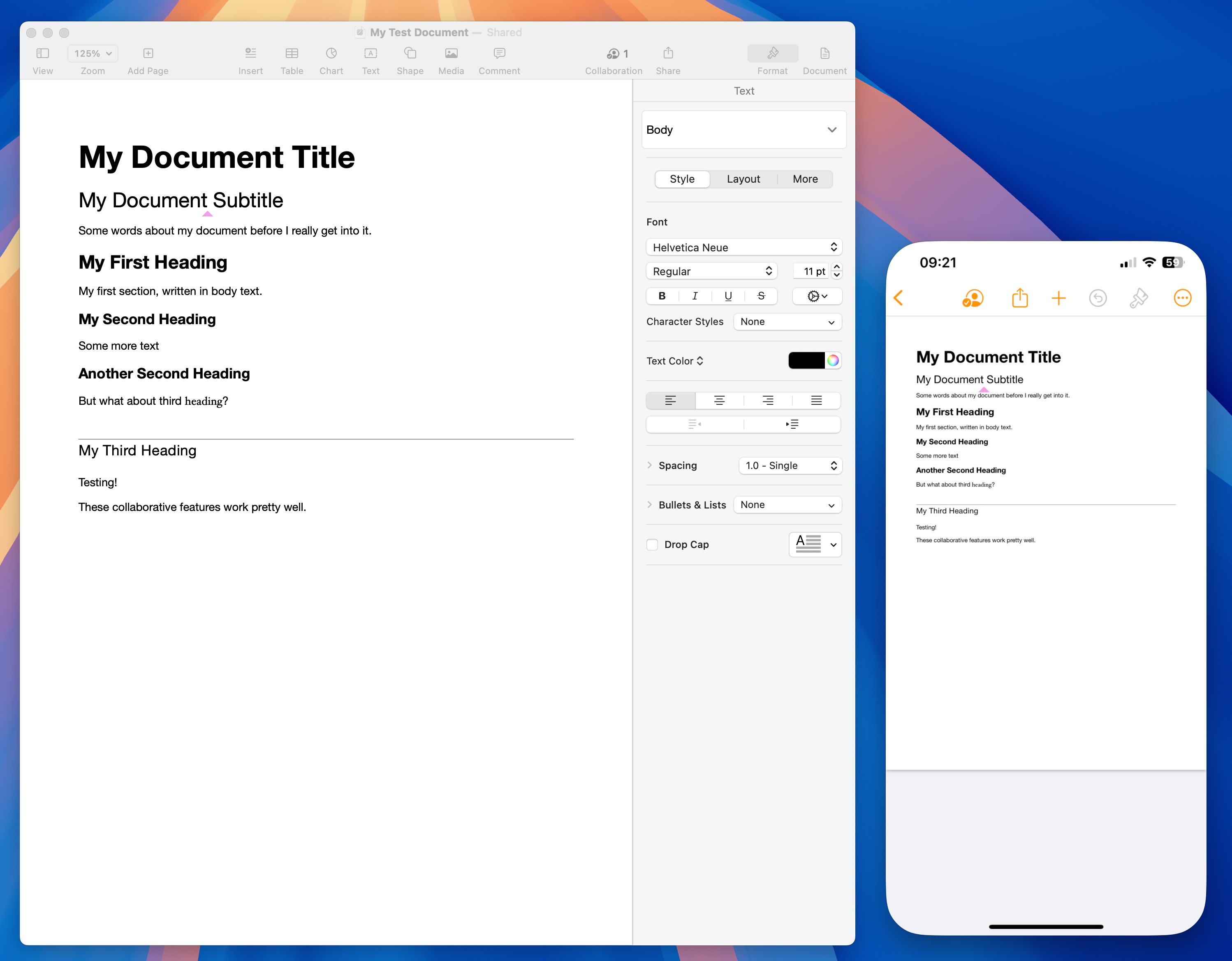 A Pages document open side-by-side on a Mac and an iPhone.