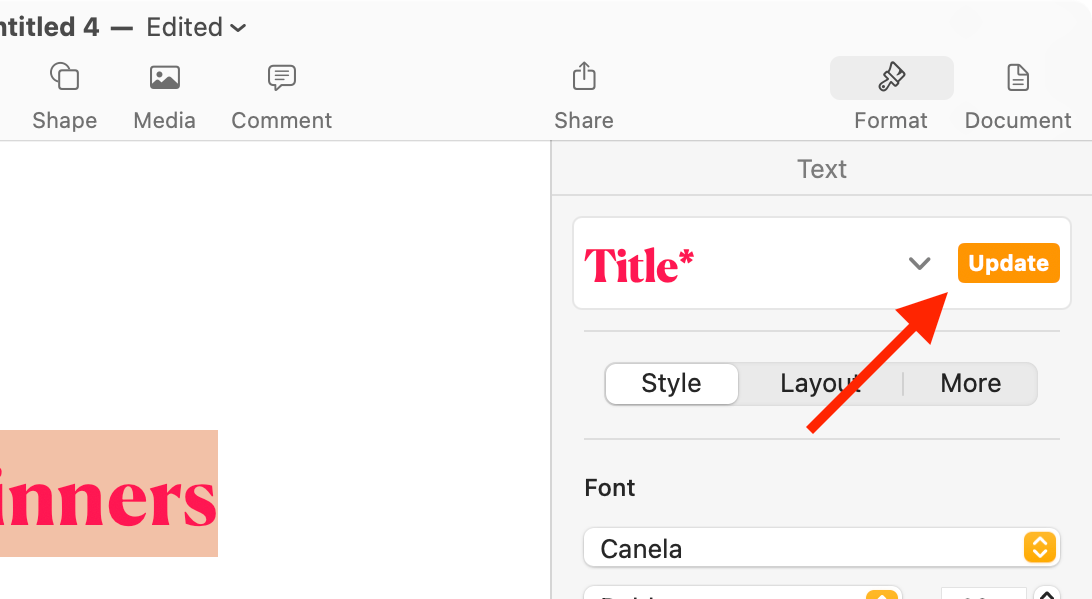 Update the "Title" style in a Pages document.