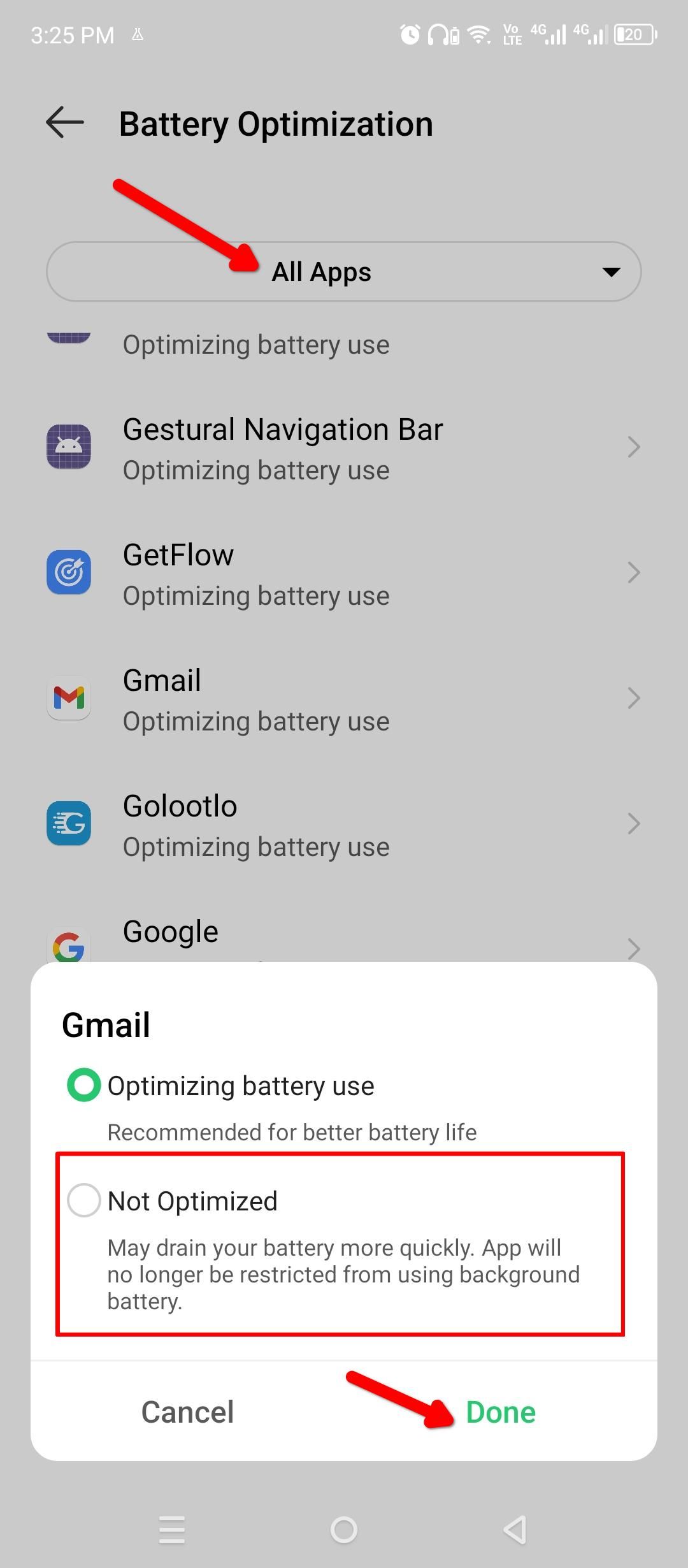 Disabling battery optimization for Gmail.