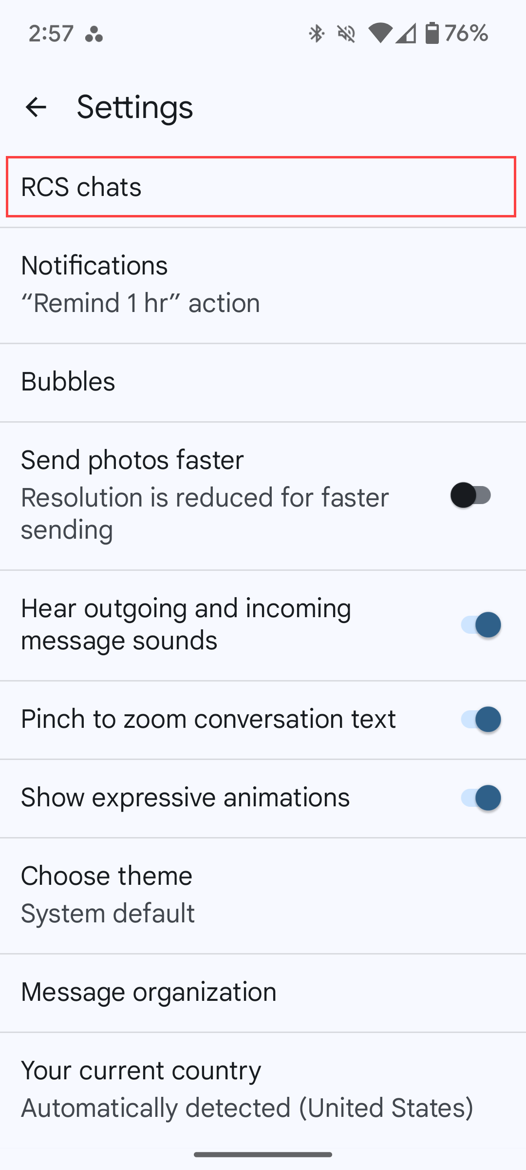 RCS settings in Google Messages.