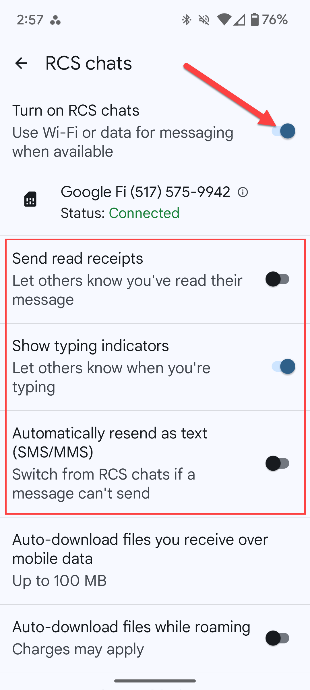 RCS settings in Google Messages.