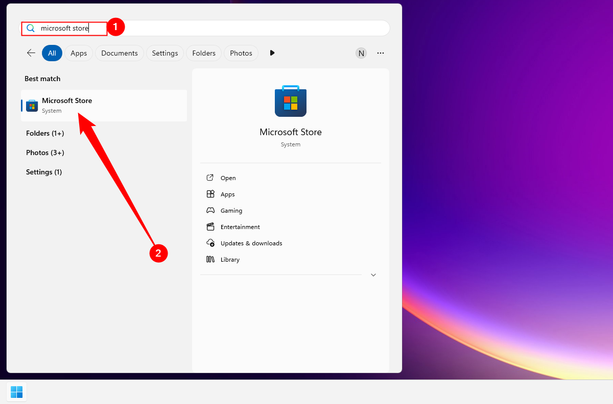 Search 'Microsoft Store' in the Start Menu search, then click Microsoft Store in the results.