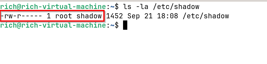 Showing permissions for the shadow file in Linux.