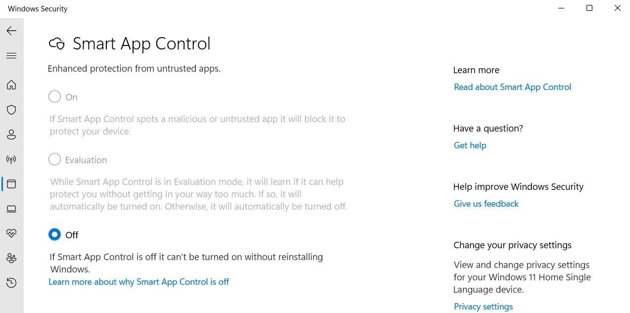 Smart App Control option set as Off in the Windows Security app.