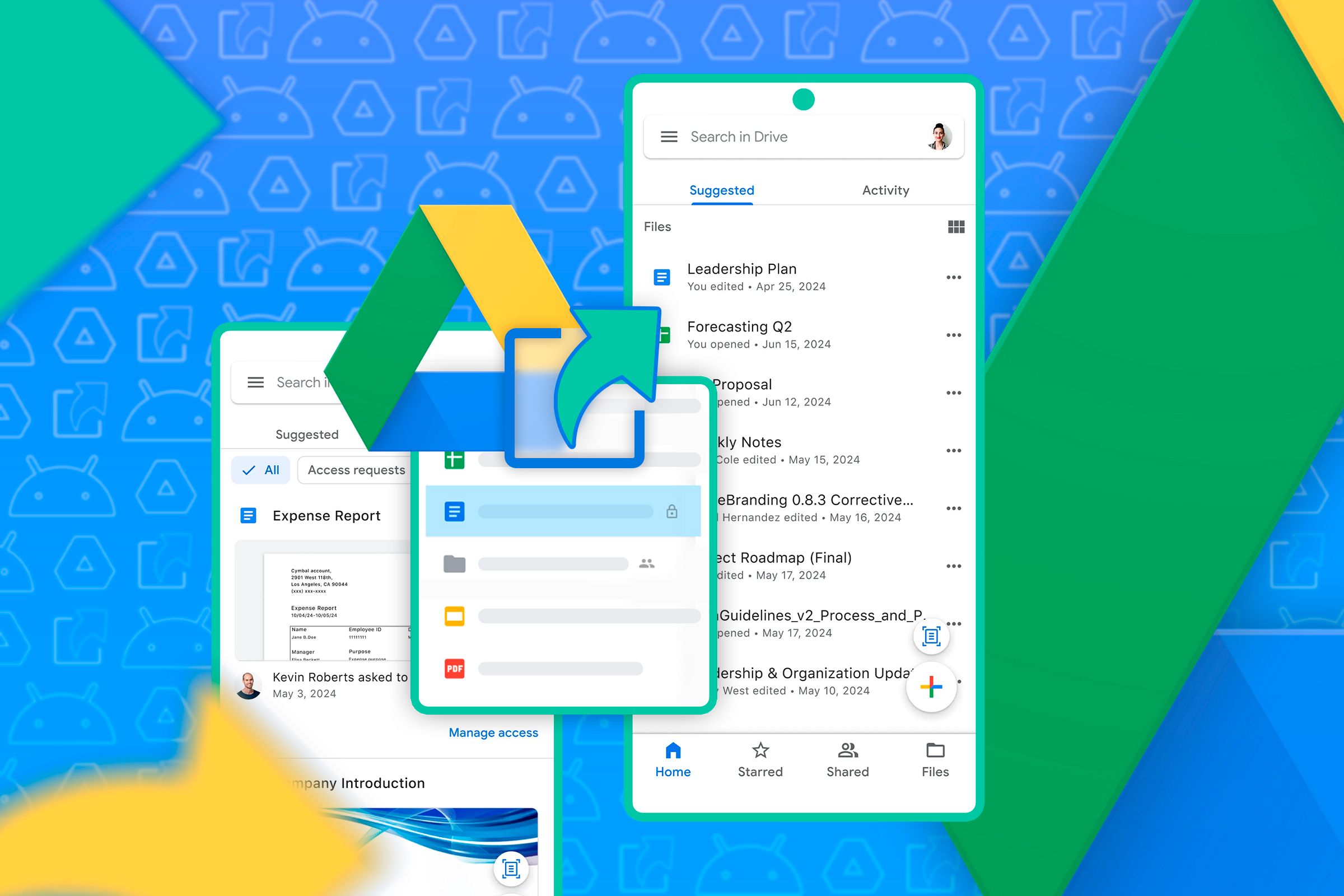 Some screenshots of Google Drive and the Google Drive logo with a shortcut icon.