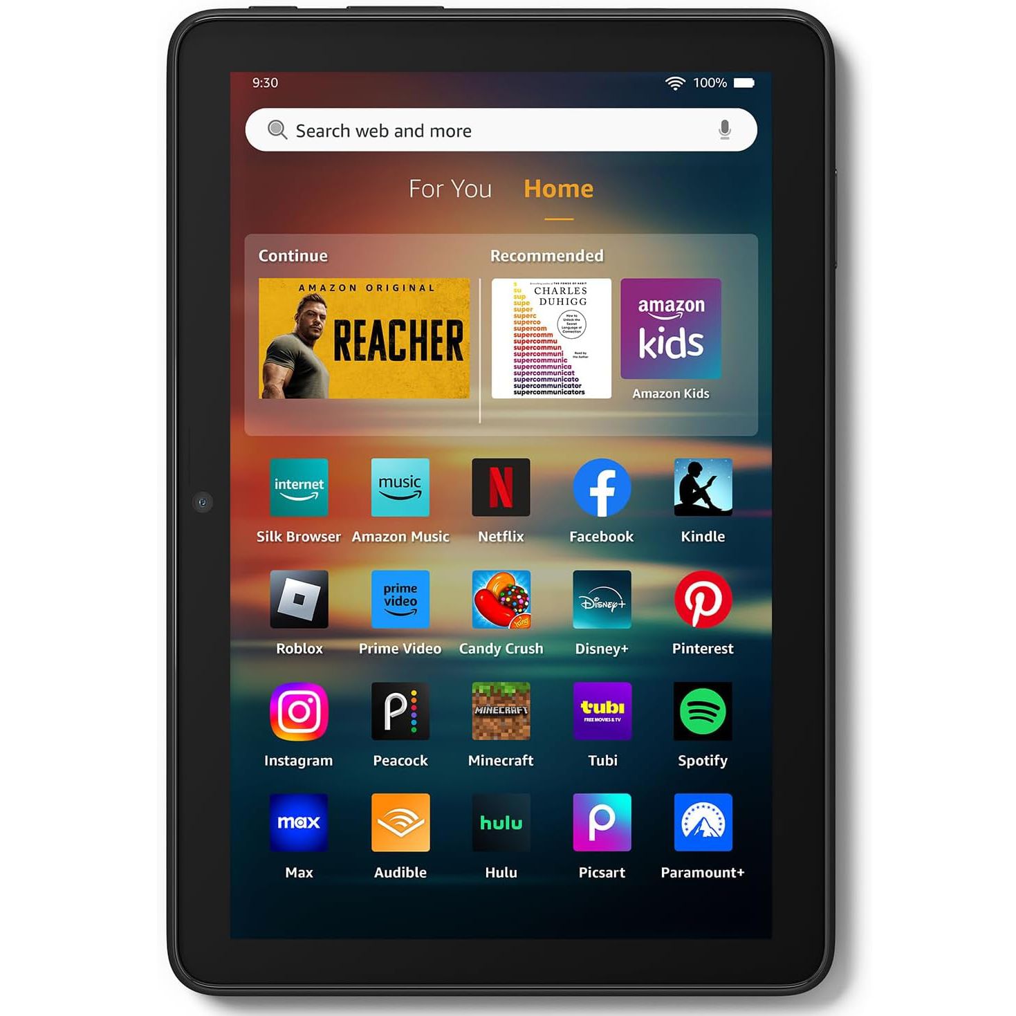 The Amazon Fire HD 8 (2024 model) against a white background, with the main home screen displayed.