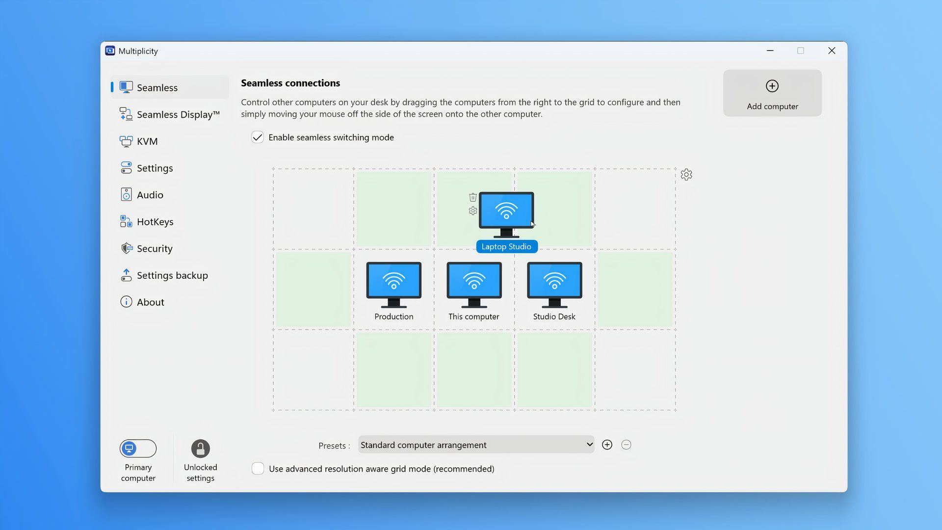 Configuring multiple monitors using Stardock's Multiplicity software on Windows.