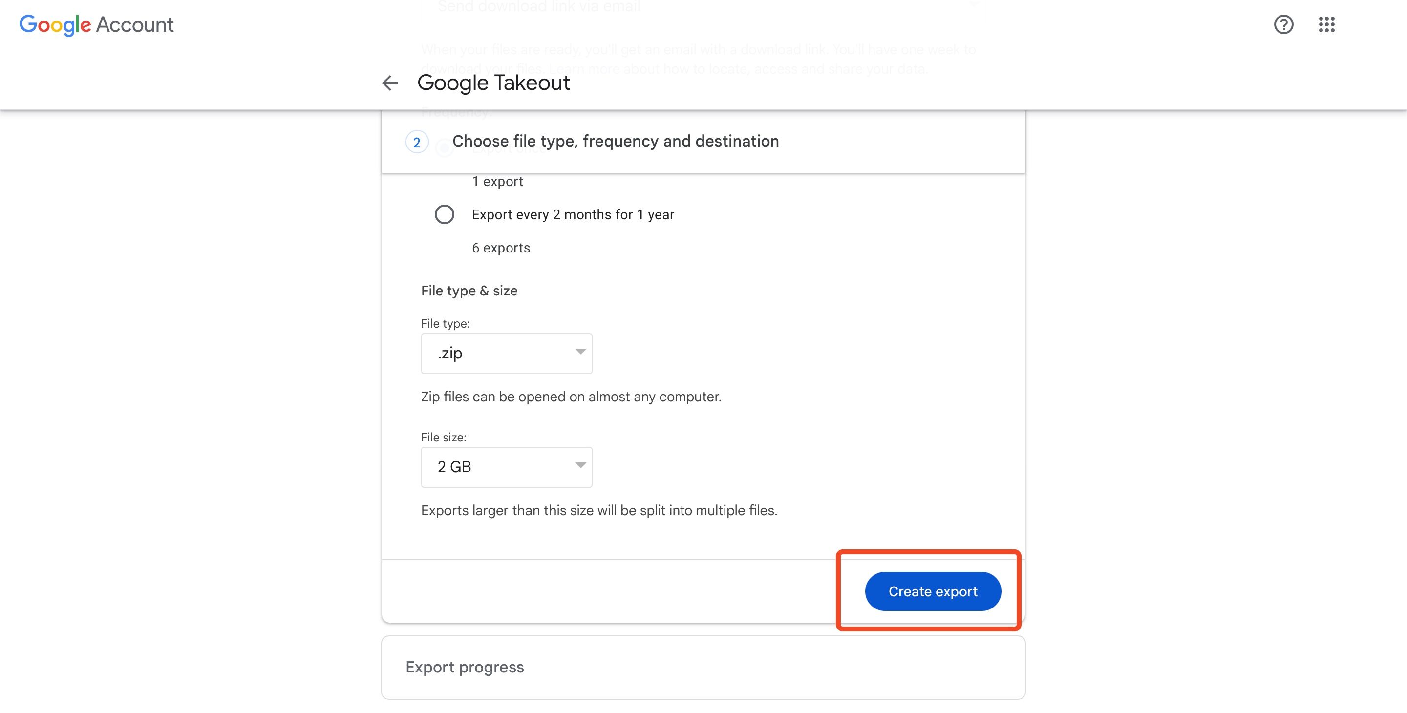 The Create Export button in Google Takeout.