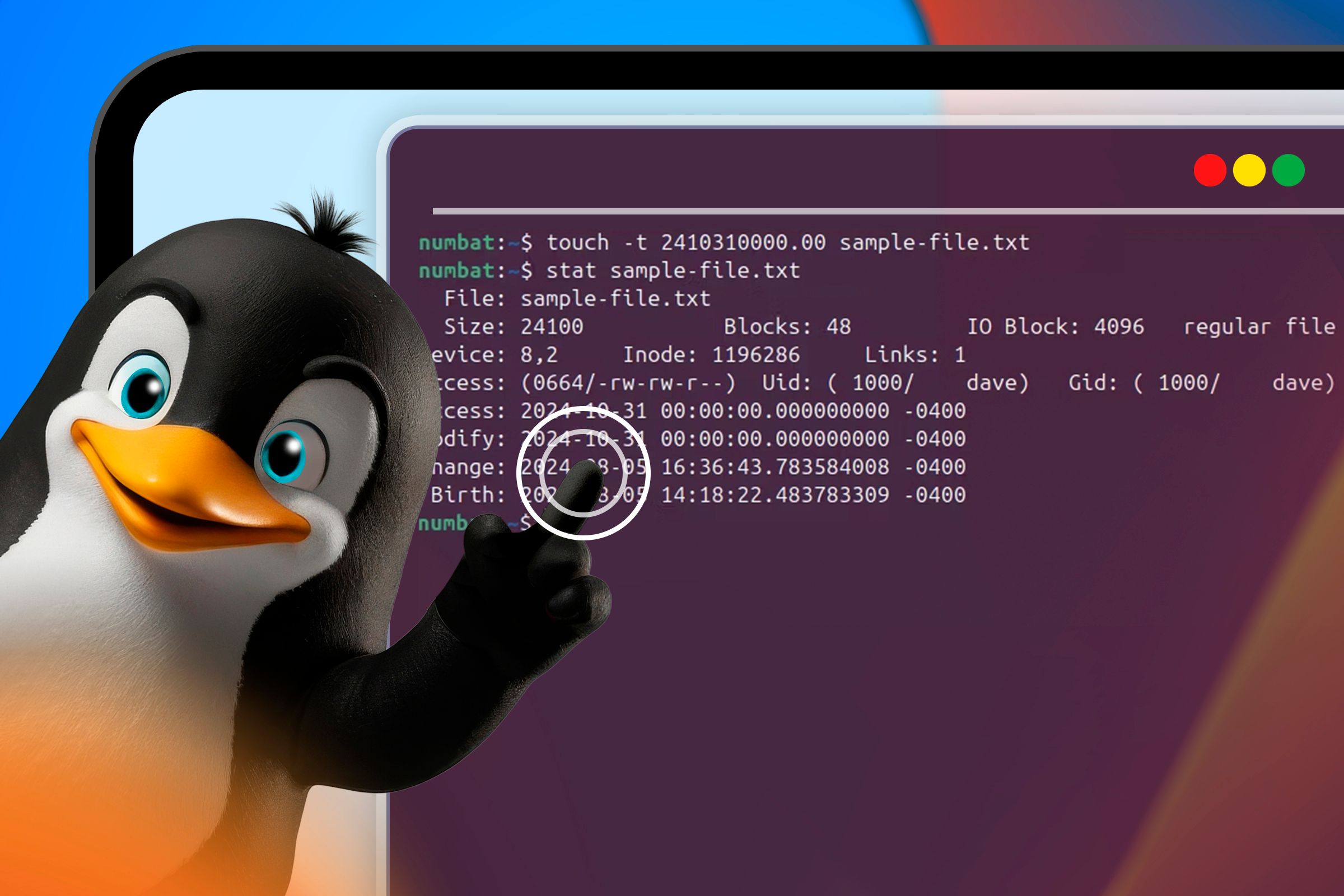 The Linux mascot touching the screen with the Linux terminal in the background.