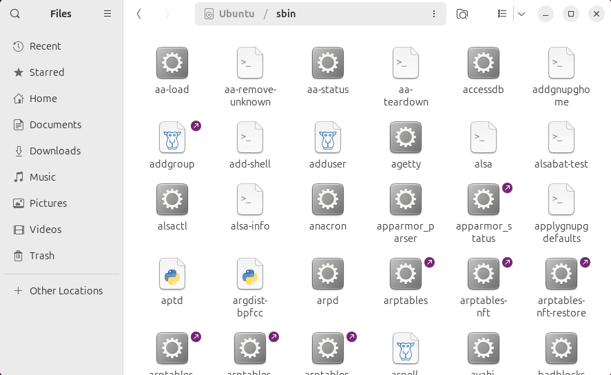 The sbin directory in a file browser on Ubuntu Linux.