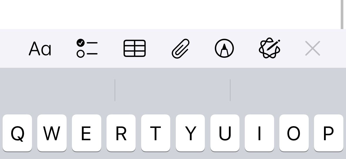 The tool bar in the Notes app on iPhone.