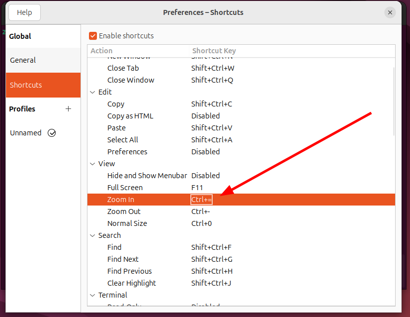 The zoom in keyboard shortcut for the Linux terminal changed.