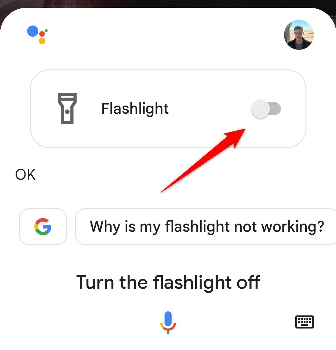 Turning the flashlight off using Google Assistant.