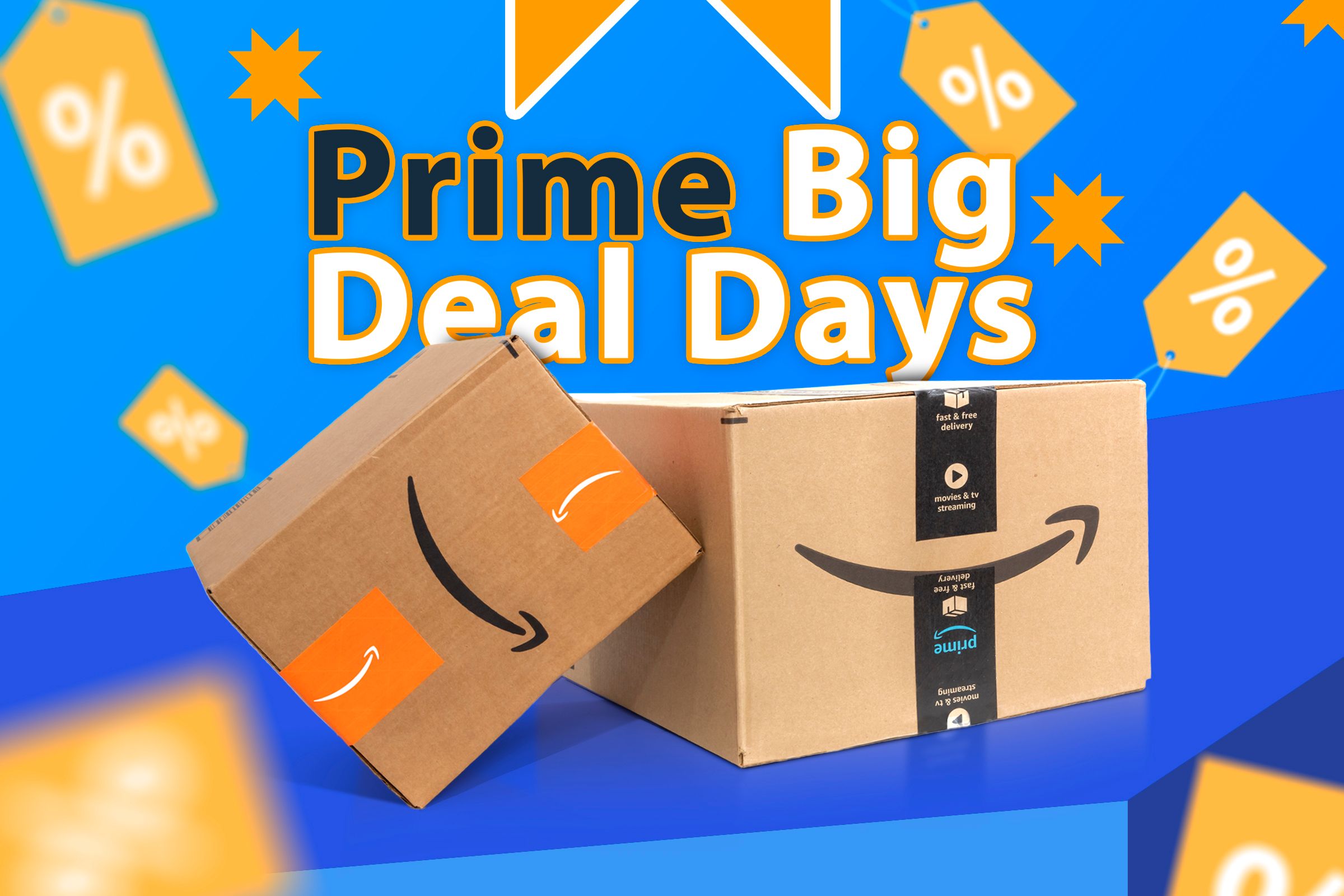 Two Amazon boxes with 'Prime Big Deal Days' written on the background, surrounded by various discount tags.