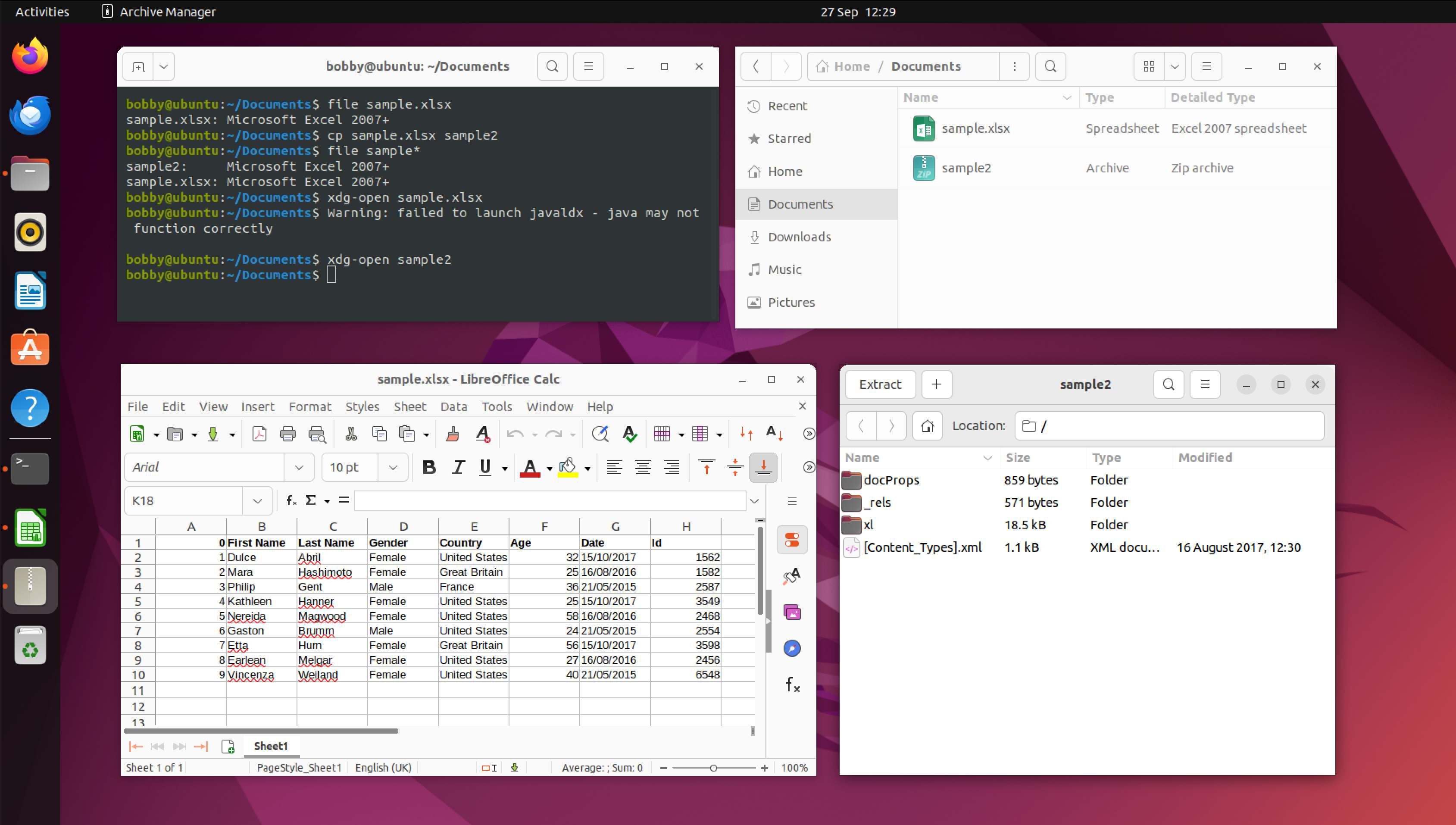 Four Linux apps handling two copies of a file with different extensions: the file command, Files, LibreOffice, and Archive Manager.