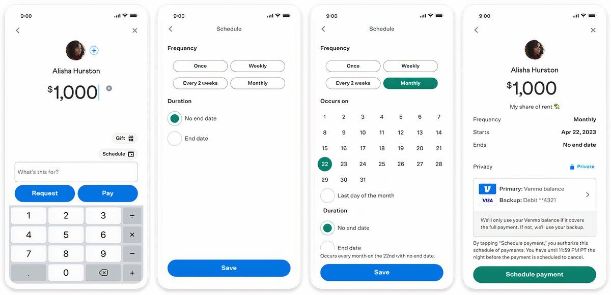 Four Venmo screenshots showcasing automatic payments with scheduling.