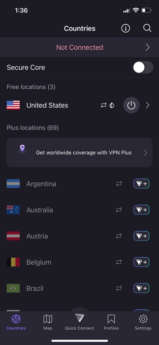 main interface of the ProtonVPN