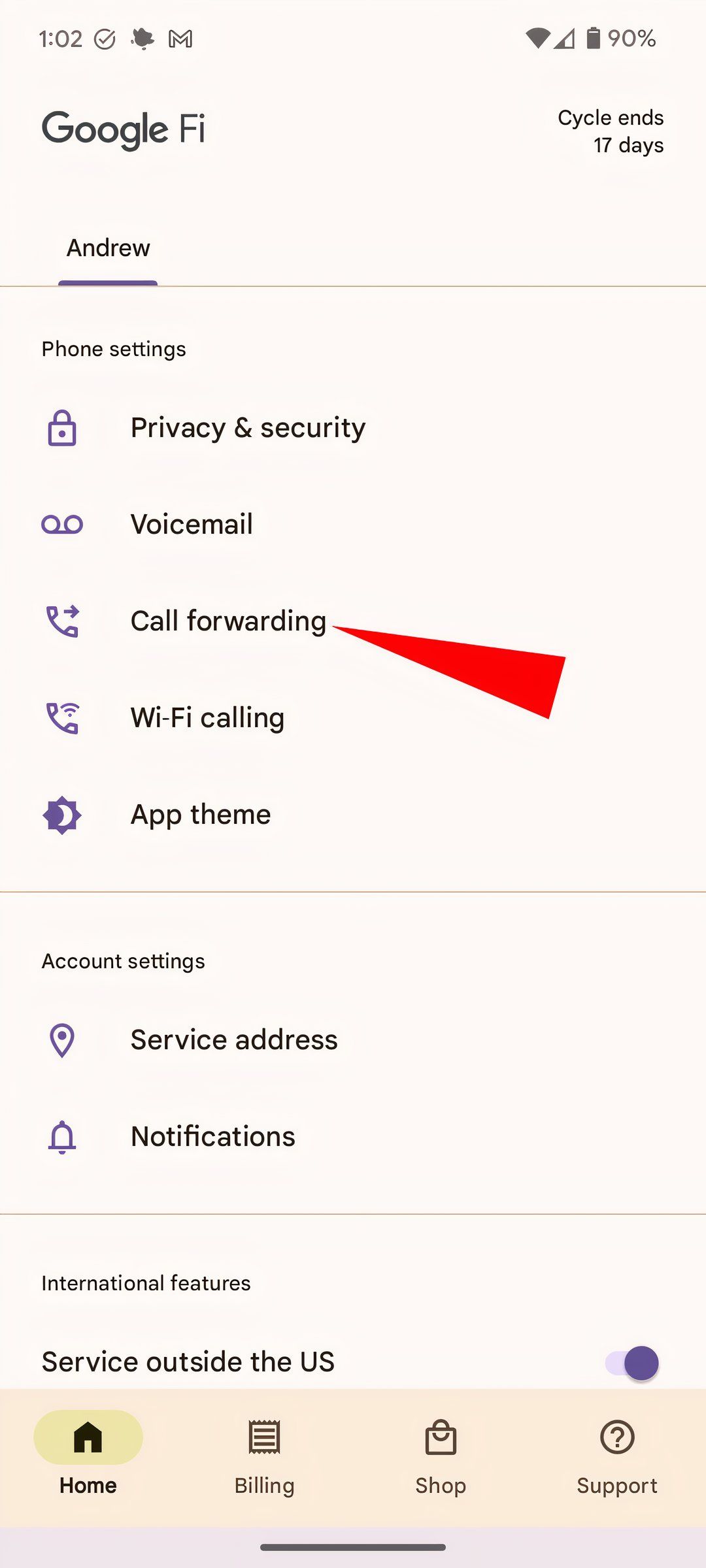 The call forwarding option in Google Fi