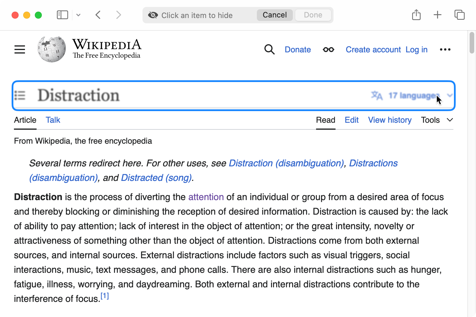 Hovering over an element on Wikipedia using Safari's Distraction Control.