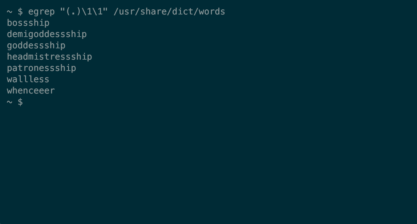 Output from a grep command showing words with triple letters in the Linux dictionary file.