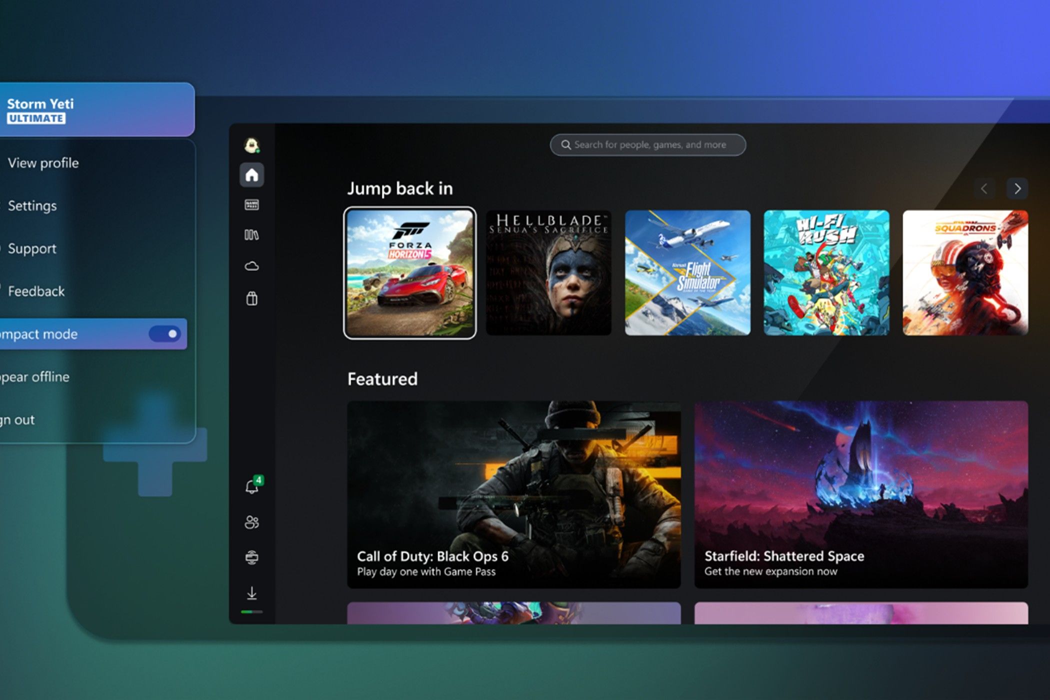 Xbox-pc-app-home-experience-compact-mode-showing-call-of-duty-black-ops-6-and-other-games