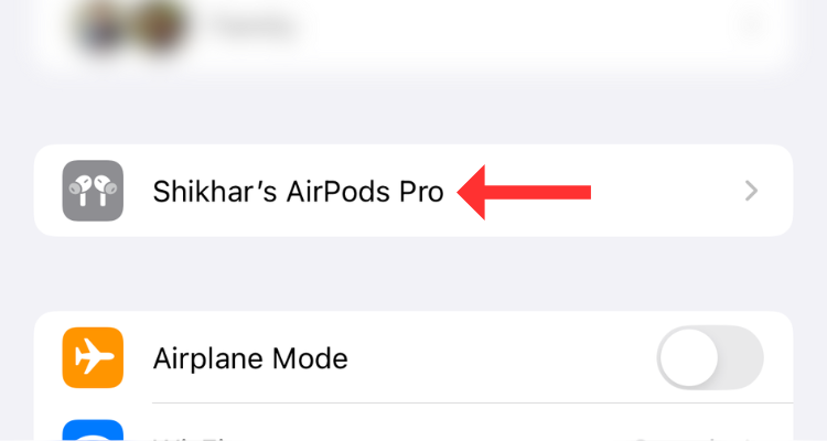 Option to access connected AirPods in the iPhone's Settings app.