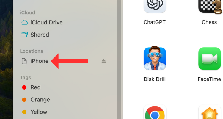 Screenshot of macOS highlighting the iPhone option in the sidebar.