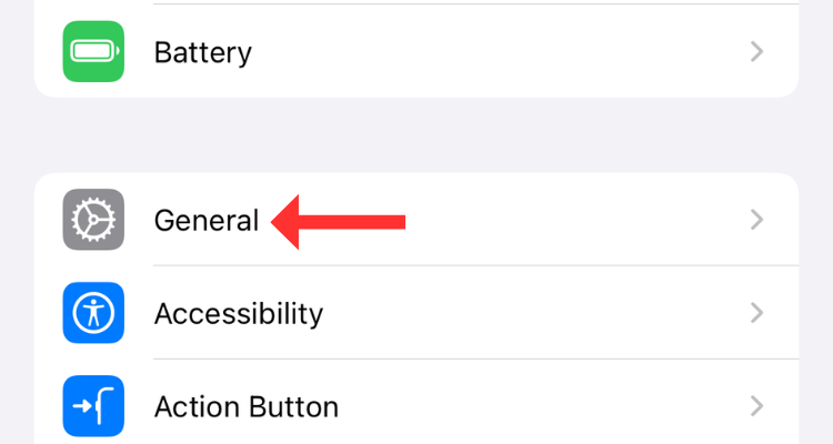 Screenshot of the iPhone settings menu with an arrow next to General.