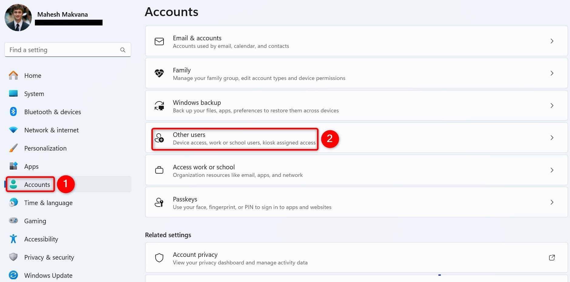 "Accounts" and "Other Users" highlighted in Settings.