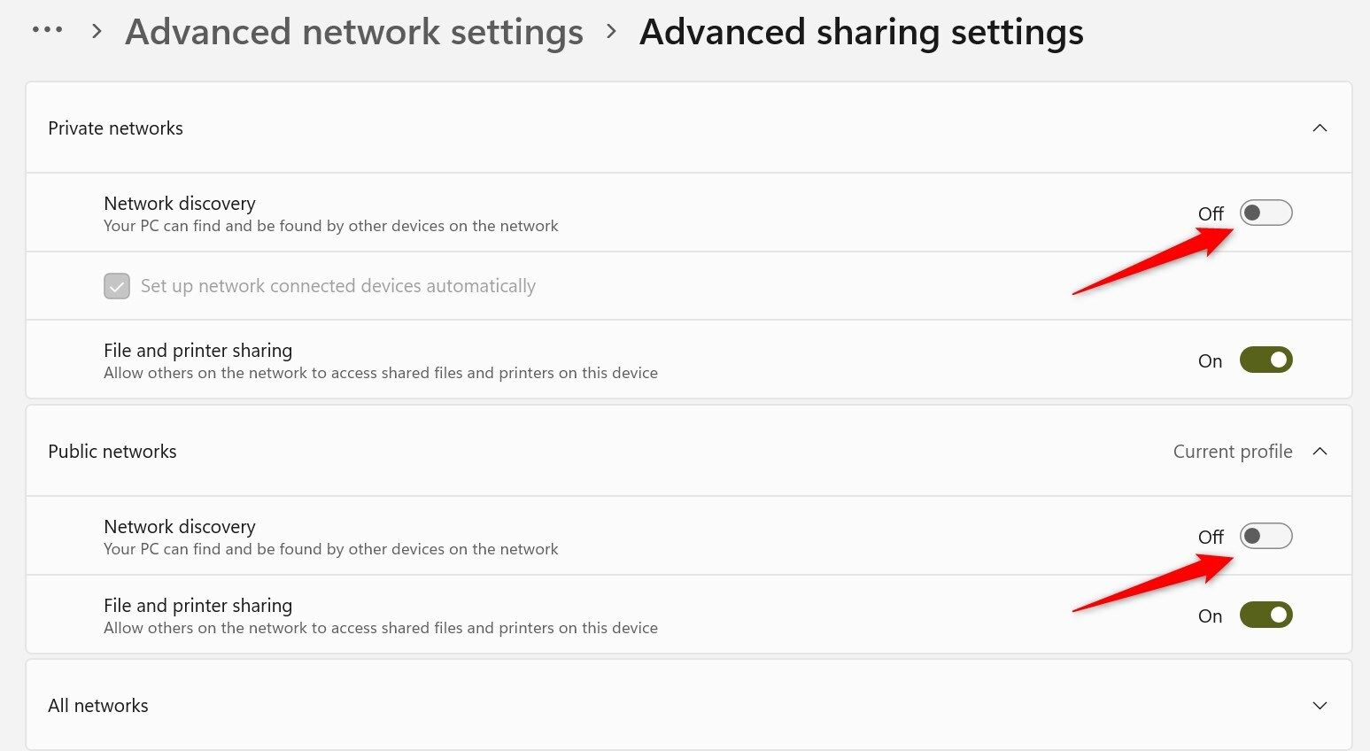 Turn off network discovery in the Windows Settings app.