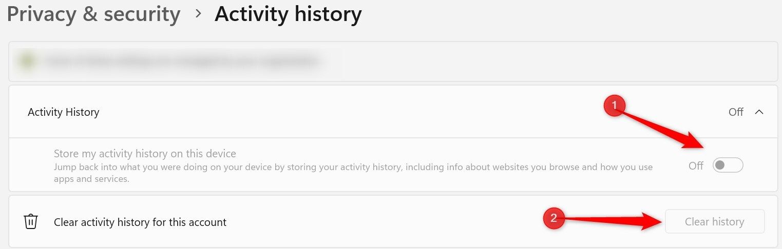Turning off and clearing activity history in Windows Settings.