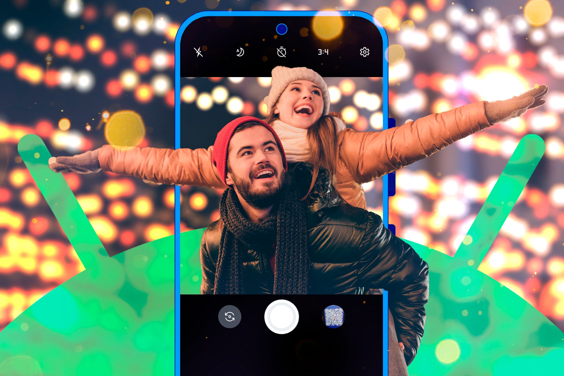 Phone taking a photo of a couple at night with a bokeh background.