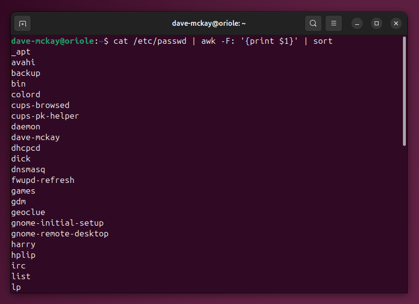 Piping cat through awk and into sort, to obtain a sorted list of account names from /etc/passwd.