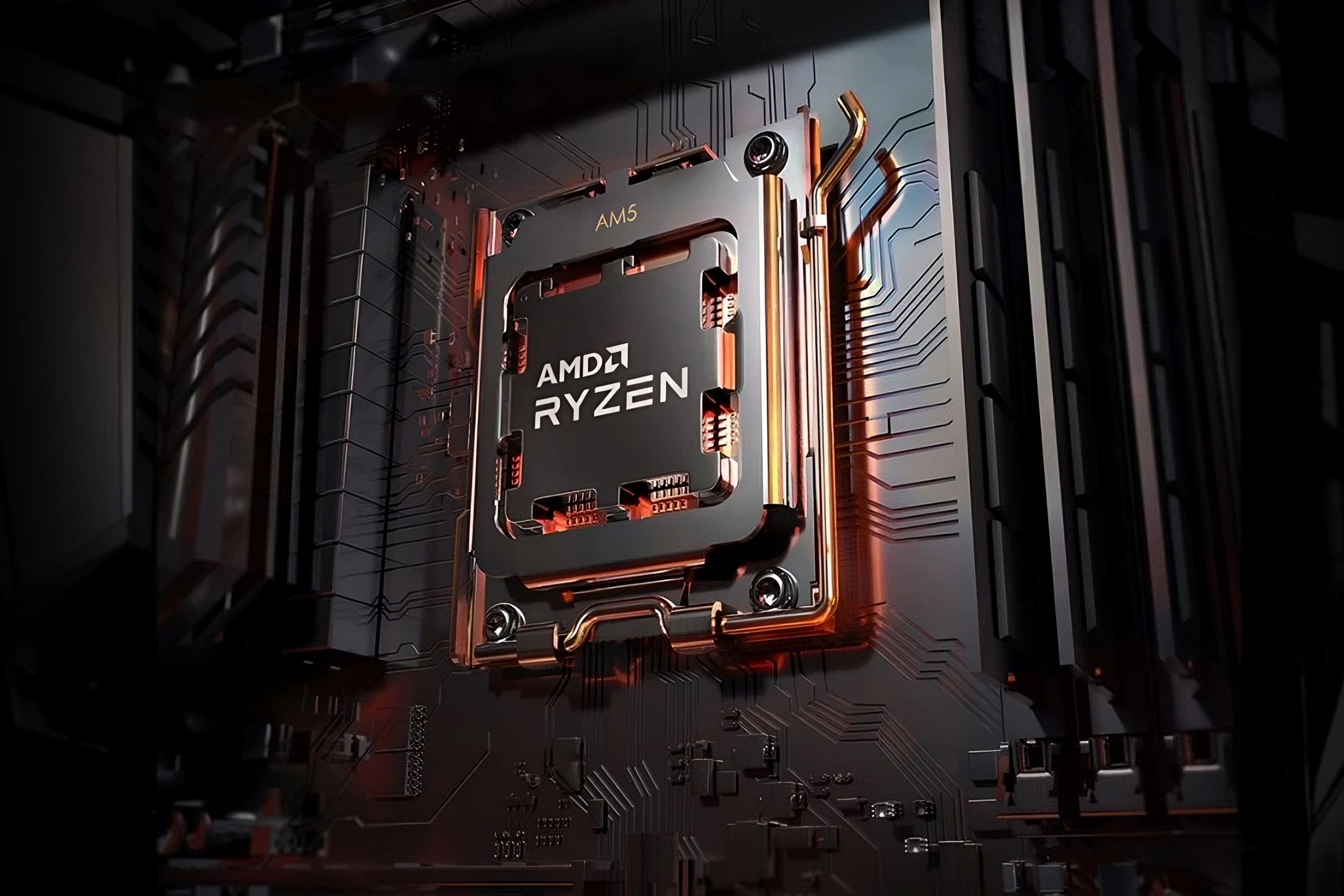 A stylized picture of the AMD Ryzen AM5 processor installed on a motherboard.