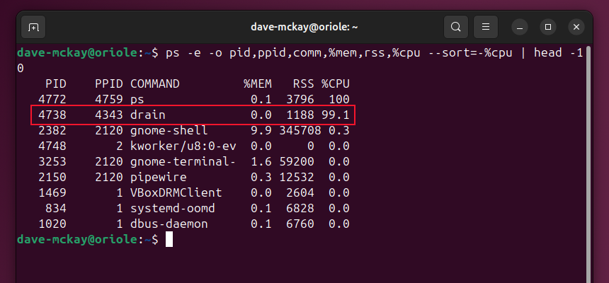 Output from the ps command sorted by CPU usage and piped through the head command to show the top 10 highest users. A program called drain is highlighted. It is using 99 percent of CPU time.