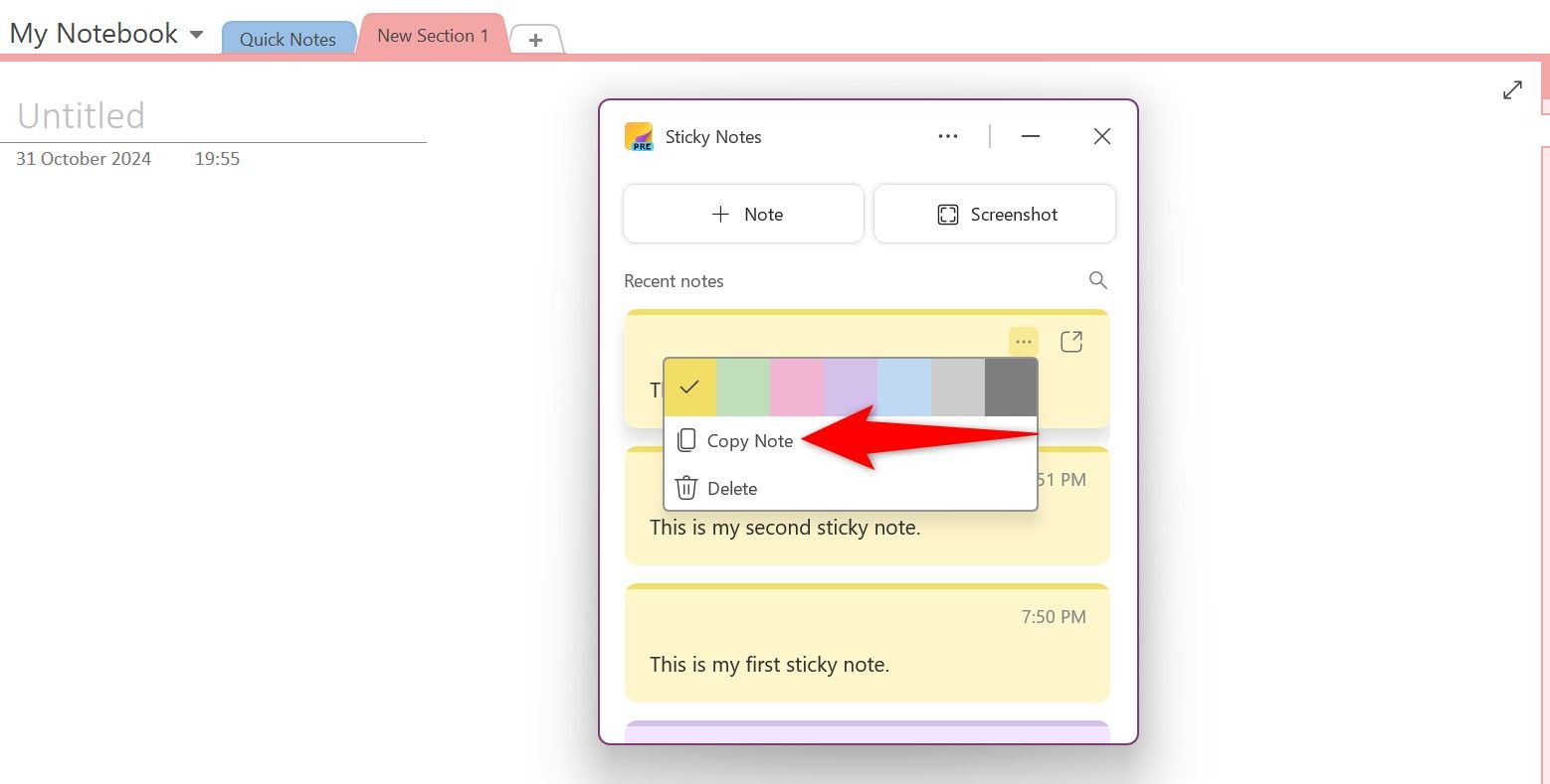 'Copy Note' highlighted for a sticky note in OneNote.